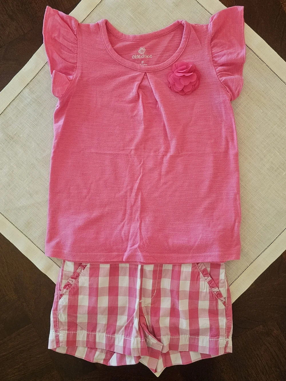 Okie Dokie Girls Pink Flutter Sleeve Top & Pink Gingham Shorts Set 3T